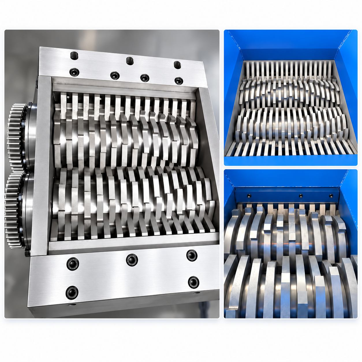 Double shaft shredder blade box close-up: multi-claw blades, cutter discs and fixed cutters